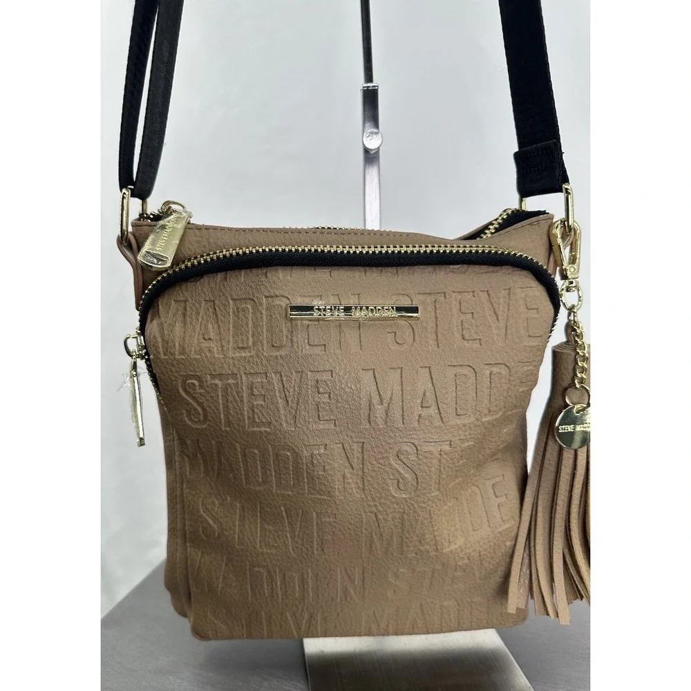Steve Madden Tan Satchel Crossbody Purse Spell Out Black Gold 9x9‎ Brown